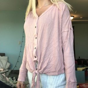 pink long sleeve button up top